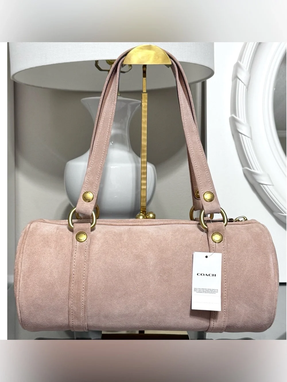 COACH Kisslock Medium Suede Barrel Bag, NUAGE